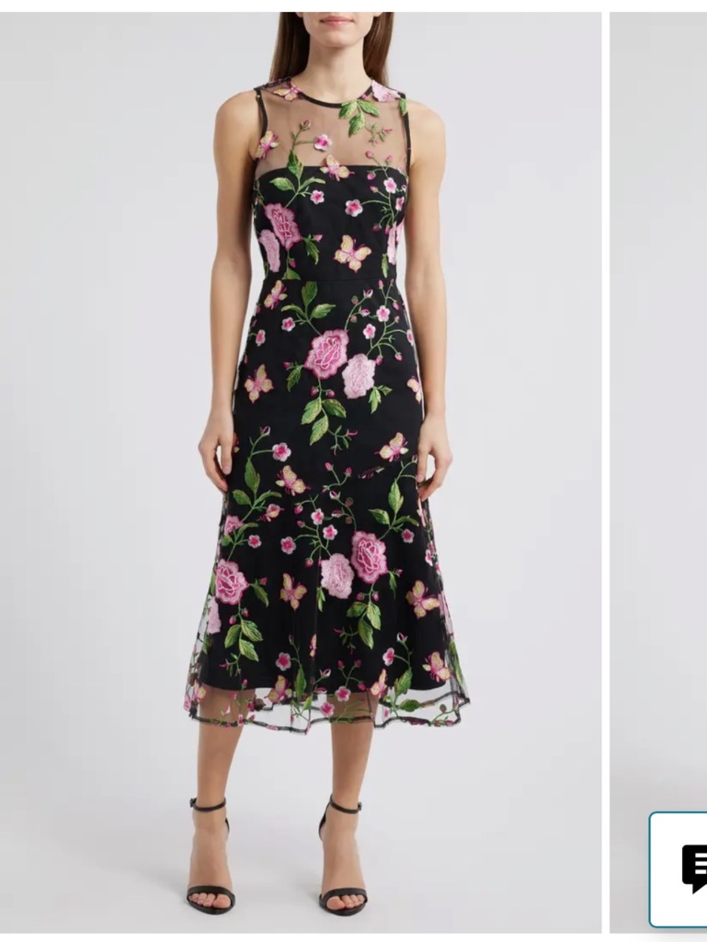 Sam Edelman Black Mesh Midi Dress with Pink & Green Floral Embroidery